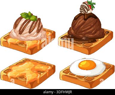 Vektorset mit vier Waffeln mit Honig, Eis, Schokolade, Erdbeere und Spiegelei Stock Vektor