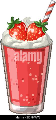 Ein leuchtender roter ErdbeerSmoothie mit Schlagsahne, frischen Beeren und gestreiftem Stroh Stock Vektor