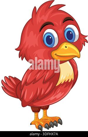 Hellroter Karikaturvogel mit gelbem Schnabel, blauen Augen und flauschigen Federn, weißem Hintergrund Stock Vektor