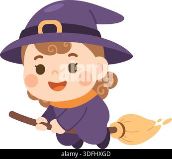 Niedliche Baby Hexe, die auf Besen fliegt – Halloween Cartoon Vektor Stock Vektor