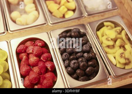 Verschiedene frische Obstsalat-Toppings mit gesunden Erdbeeren und Bio-Heidelbeeren, die in einem Metallbehälter angeordnet sind, der appetitlich und bunt ist Stockfoto