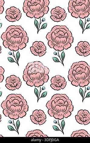 Ein festliches nahtloses Hochzeitsmuster mit Skizzenpfingstrosen. Eine Rokoko-Textur mit handgezeichneten Blumen für Stoffe und Tapeten. Blühender Hintergrund Stock Vektor