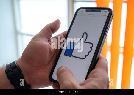 Eine Person, die ein Smartphone hält und auf dem Bildschirm ein Daumen-nach-oben-Symbol anzeigt Stockfoto