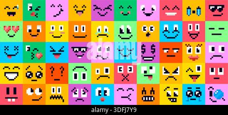 Retro-Emoji-Zeichen mit 8 Bit Pixeln in Vektorpackung Stock Vektor