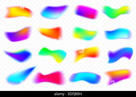 Verschwommene verlaufsfarbene Formen auf weißem Hintergrund. Flüssige Netzvektorelemente mit holographischem Effekt. Weiche, wellenförmige Grafik mit Aura-Gradation Stock Vektor