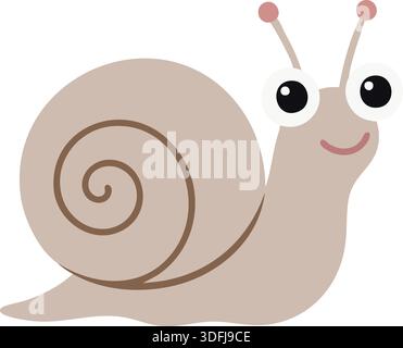 Eine süße beige Schnecke mit einer Spiralschale lächelt, während sie auf weißem Hintergrund in einem freundlichen Stil gleitet. Stock Vektor