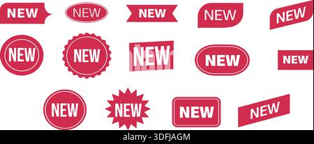Sammlung roter Werbeletiketten mit auffälligem, weißem NEUEN Text in verschiedenen Formen, darunter Kreise, Rechtecke, ovale, Starbursts und Banner für Stock Vektor