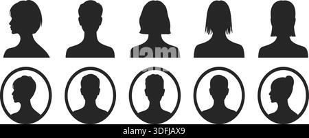Sammlung von Schwarzweiß-Silhouetten für menschliche Profile, die Benutzer-Avatare, anonyme Identitäten, Social-Media-Profile und Minimal Portrait-Symbol darstellen Stock Vektor