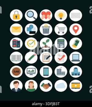 Farbenfrohe runde App- und Interface-Symbole mit flachen Vektorsymbolen für Mobilgeräte, Web, Business, Kommunikation und digitales Design, isoliert im Dunkeln Stock Vektor