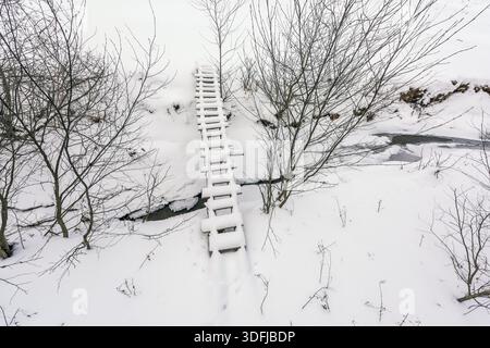 Kleine Holzbrücke im Winter, schneebedeckte Landschaft über einem Fluss - unberührte Natur nach dem Schneefall, aus der Luft. Stockfoto