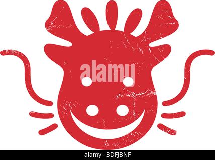 Rot lächelndes Kuhgesicht-Maskottchen-Logo mit verführerischer Textur, verspieltem Bauerntier-Symbol für Branding, Verpackung, Kinderdesign und Agrarthemen Stock Vektor