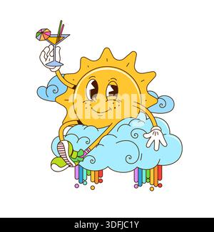 Cartoon Retro groovige Vektor-Sonnenfigur, die auf Wolken mit Cocktail-Drink, Regenbogentropfen, funky kosmischer Vibe und fröhlicher Vintage-Energie chillt. Retro h Stock Vektor