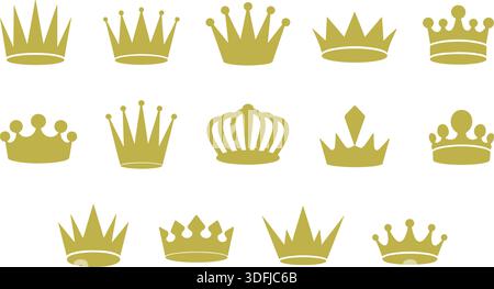 Elegantes goldenes Kronenset mit 15 einzigartigen königlichen Designs in flachem Layout, ideal für Branding, Heraldik, grafisches Design, Stock Vektor