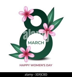 Internationaler Frauentag Kartendesign mit grüner Zahl acht mit rosa Plumeria-Blüten und Blättern auf weißem Hintergrund. Vektordesign Stock Vektor