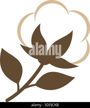 Baumwollblume mit braunen Blättern und weißem Flaum. Flaches Vektorsymbol für landwirtschaftliche, textile oder umweltfreundliche Designs Stock Vektor