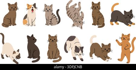 Set von Karikaturkatzen in einfachen Posen. Flache Vektor-Illustration von entzückenden Katzen für Haustier- und Kinderthemen Stock Vektor
