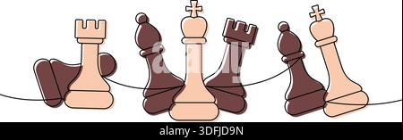 Lineare, minimalistische Kontur von sechs Schachfiguren, darunter Ruinen, Bischöfe, König, Königin auf einer Linie, abstrakte Teamkontur Stock Vektor