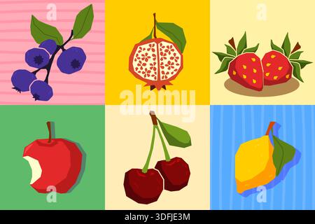 Obst-Illustration-Set mit Vintage-Stempelgrafiken in flachem geometrischem Design. Farbenfrohe Sommer-Ikonen aus Erdbeeren und Apfeln, Kirschen und Zitronen im Retro-Linolschnitt. Y2K tropische Abzeichen. Stock Vektor