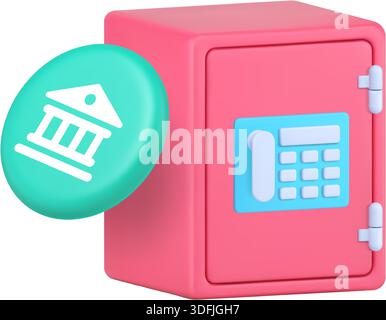 Safe- und Banksymbol für Finanzanwendungen und Sicherheitsschnittstellen. Stellt Schutz, Tresor, Geld, Einsparungen und Verschlüsselung dar. Moderne 3D-Ikone Stock Vektor