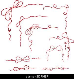 Niedliche Flirtschleifen, Ecken und Rahmen. Handgezeichnete mädchenhafte Bögen und Bänder, isoliert auf weißem Hintergrund. Für Hochzeiten, Feiertage, Partydekorationen, g Stock Vektor