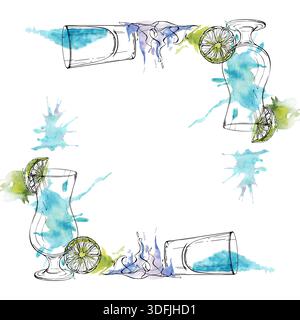 Blaues Hawaii, elektrische Limonade, Kamikaze mit Flammen und Zitrusfrüchten. Frischer Aquarellrahmen in Cyan und Flieder, Tintengläser. Handgezeichnet für Stockfoto
