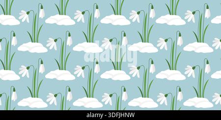 Frühes Erwachen von Blüten im waldnahtlosen Muster. Schneeglöckchen im Schnee auf blauem Hintergrund. Frühlingsblumenmuster für Textilien, Papier, Stoff und Packagin Stock Vektor