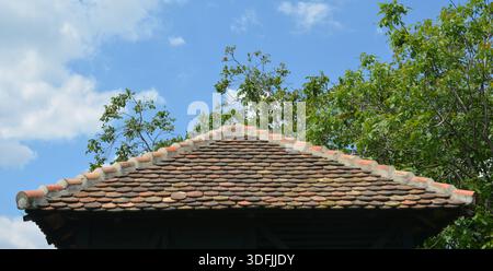 Detail eines roten Ziegeldachs mit blauem Himmel darüber und einem grünen Laubbaum Stockfoto