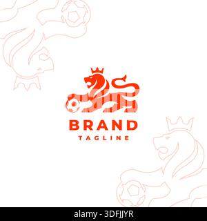 Gekrönter Löwe mit Ball-Logo. Fußball im Design Eines starken Löwen mit Krone. Stock Vektor