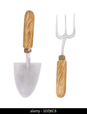 Aquarell Gartenwerkzeuge Clipart Set für Cottagecore Design. Handgezogene Kelle und Gartengabel im naiven Stil isoliert auf weiß. Stockfoto