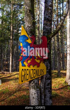 Ein gemaltes Holzschild mit einem bunten Emblem und dem Wort grenzenlos, das an einem Baum in einem sonnendurchfluteten Wald angebracht ist. Stockfoto