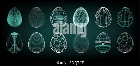 Ostereier im digitalen Technikstil. Vektor-realistische Illustration des futuristischen Neon-Eies mit holografischem Drahtmodell, Schaltkreis und geometrischem Punktmuster auf Shell, moderne Grußkarten-Designelemente Stock Vektor