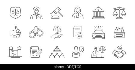 Gesetz und Gerechtigkeit – eine Reihe von Symbolen im Linienstil. Urteil, Klage, lineare Symbole für Rechtsdienstleistungen Stock Vektor