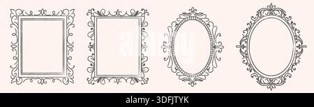 Weiße, skurrile Spitzenrahmen und -Borten mit verzierten Scrollarbeiten in rechteckigen und ovalen Formen. Elegante Vintage-Designs mit verspielten Elementen Stock Vektor