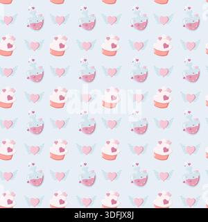 Nahtloses Valentinstag-Muster mit Cupcakes, geflügelten Herzen und Tränkflaschen auf Pastellblau. Ideal für festliches Geschenkpapier, romantische Karten, an Stockfoto