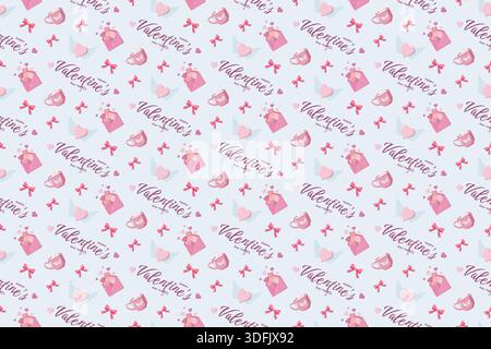 Nahtloses Valentinstag-Muster mit Kuverts, Bögen, geflügelten Herzen, Herzschlössern und Happy Valentinstag-Text auf Pastellblau. Ideal für festliche Feierlichkeiten Stockfoto