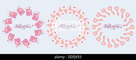 Set aus drei runden Valentinstag-Kränzen Liebesbriefe, Eiskegel mit Herzbeschichtung und herzförmigen Schlüsseln. In jedem steht Happy Valentine Stockfoto
