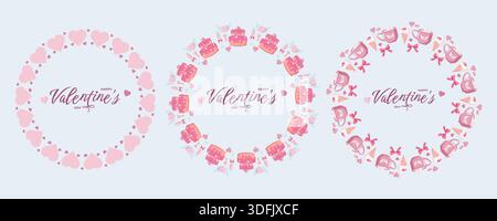 Set mit drei runden Valentinstag Kränzen mit Herzen, Kuchen, Tassen, Schlüsseln, Bögen, und süße Leckereien. Text zum Valentinstag in der Mitte. Ideal für Stockfoto