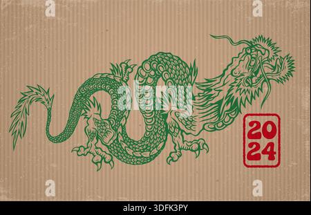 Vektor-Illustration eines grünen chinesischen Drachen ist auf Karton für Neujahr 2024. Das Tattoo von grünem Drachen im asiatischen Stil ist auf altmodischem Papier. Chines Stock Vektor