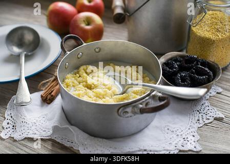 Hirsebrei mit Milch, Pflaumen und Zimt, leckeres traditionelles slowenisches Frühstück Stockfoto