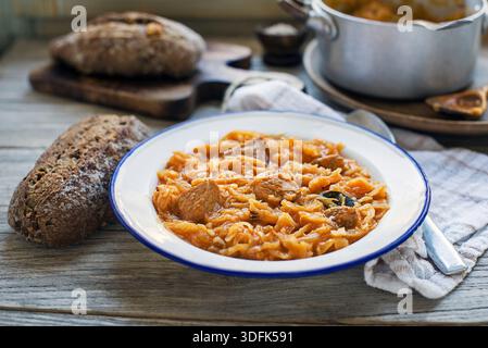 Szegedin Goulash mit Kohl und Fleisch. Traditioneller slowenischer Kohl-Eintopf mit Rindfleisch- und Schweinegulasch Stockfoto