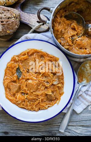 Szegedin Goulash mit Kohl und Fleisch. Traditioneller slowenischer Kohl-Eintopf mit Rindfleisch- und Schweinegulasch Stockfoto