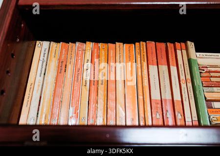 Northumberland UK: 19. Juli 2025: Ein Bibliotheksregal beherbergt eine vielfältige Sammlung von Penguin-Büchern mit Werken verschiedener Autoren mit berühmten orangen sp Stockfoto