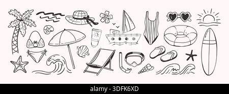 Strand und Surf-Ikone kritzeln. Seereise mit Abenteuerpalme und Wellen, Hut und Blume, Segelboot und Badeanzug, Sonnenbrille und Sonne, Bikini und Stock Vektor