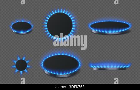 Gasbrenner Set mit blauen Flammen, realistische Feuerringe für Küchenherd. Vorder- und Draufsicht Glühkerzenring für Erdgas, Propan-Butan-Ofen, Kochfeld Stock Vektor