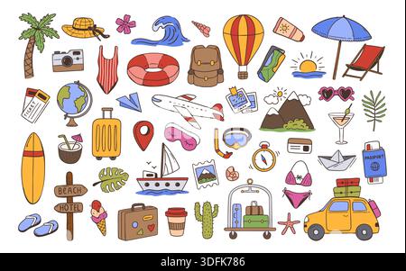 Reisesymbole. Flugzeug, Koffer und Reisepass, Palme für Urlaubsreisen, Tourismusplakat und Sommerabenteuer. Handgezeichneter Strand und Hotelkritzeleien Stock Vektor