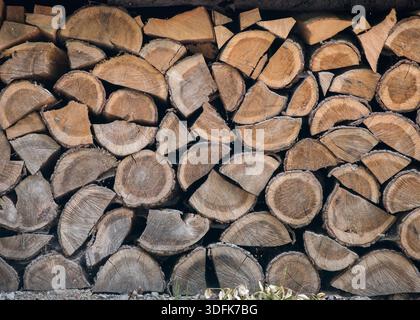 Nahaufnahme von Brennholzstämmen, die sorgfältig übereinander gestapelt sind, mit natürlicher Holzstruktur und Details Stockfoto