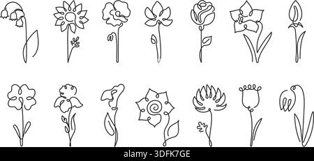 Einzeilige Blume. Durchgehende Linienblüten Rose, Tulpe und Lilie, Mohn und Schneeglöckchen, Gänseblümchen und Narzissen minimales botanisches Tattoo für Garten und Hochzeit Stock Vektor