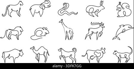 Durchgehende Tierlinie, einzeilige Pferde und Schlangen, Kaninchen und Eichhörnchen, Löwe und Maus, Giraffen- und Hirschtiere Tattoo oder Logo. Umreißen Sie Elch, Kuh und Stock Vektor