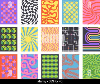 Hintergrund abstraktes geometrisches Muster. Psychedelischer Druck mit minimalen modernen Formen, Pop-Art-Hintergrund für grooviges Banner und Social-Media-Cover. Vektor Stock Vektor