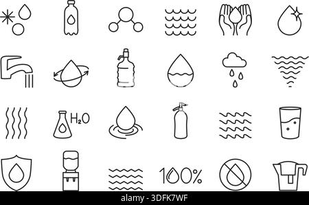 Symbol für Wassertropfen. Umreißen Sie Meereswellen und Wasserhahn, Flasche und Filter, flüssige und reine Wasserreinigung, Regentropfen und Schneeflocken Stock Vektor